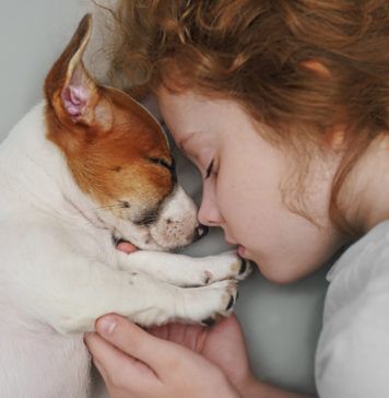 Czy obecność zwierzaka w domu może wpłynąć korzystnie na rozwój Twojego dziecka? W jaki sposób? dziewczynka śpiąca ze szczeniakiem