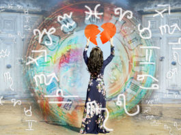 kobieta składająca dwie połówki serca na tle znaków horoskopu