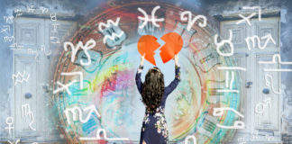 Miłosne horoskopy, czyli jakie znaki zodiaku dobierają się w najbardziej udane pary? kobieta składająca dwie połówki serca na tle znaków horoskopu