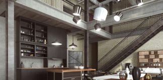 Meble do salonu – sprawdzone rozwiązania Loft - nowoczesne wnętrze w industrialnym stylu zaprojektowane jako mieszkanie o otwartym planie z kuchnią, jadalnią, pokojem dziennym oraz domowym biurem na parterze i sypialnią na antresoli.