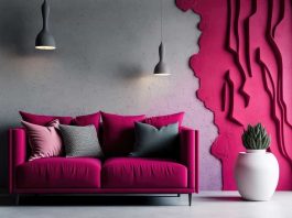 aranżacja ściany w salonie w kolorze viva magenta