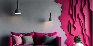Modne kolory ścian 2023. Na jakie odcienie postawić? aranżacja ściany w salonie w kolorze viva magenta