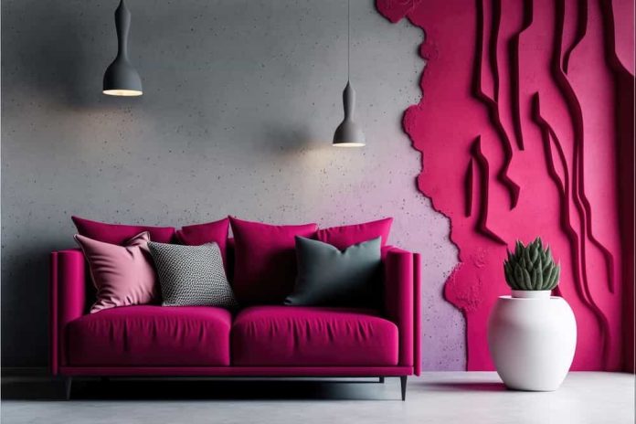 aranżacja ściany w salonie w kolorze viva magenta